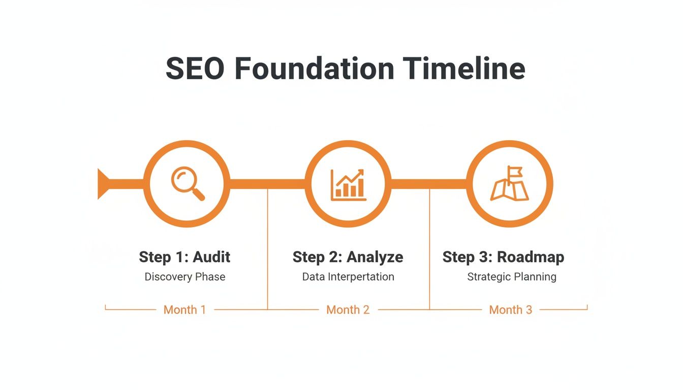 A three-step SEO foundation timeline detailing audit, analysis, and strategic roadmap planning over three months.
