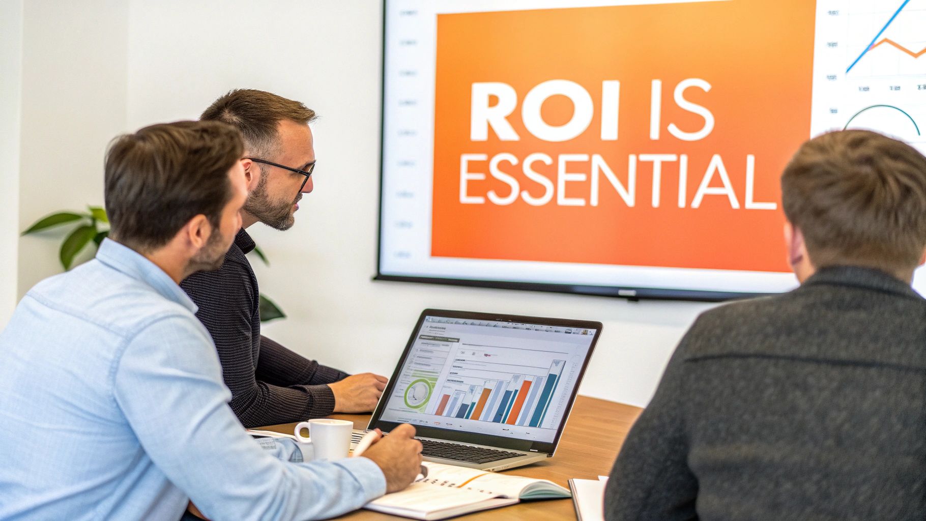 Three business professionals in a meeting discussing data and ROI, with a laptop displaying charts.