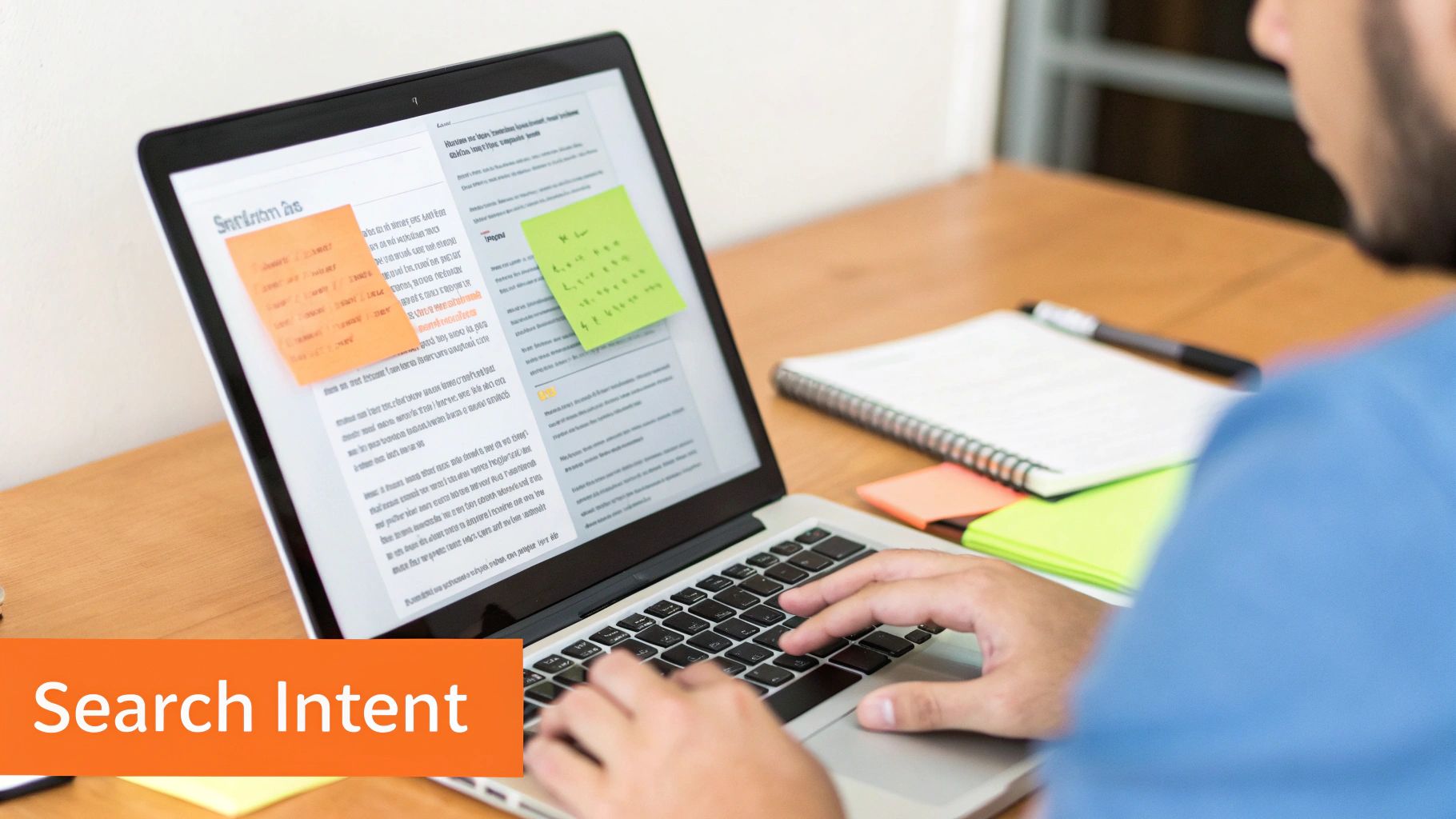 A person typing on a laptop with orange and green sticky notes on the screen, studying SEO strategy.