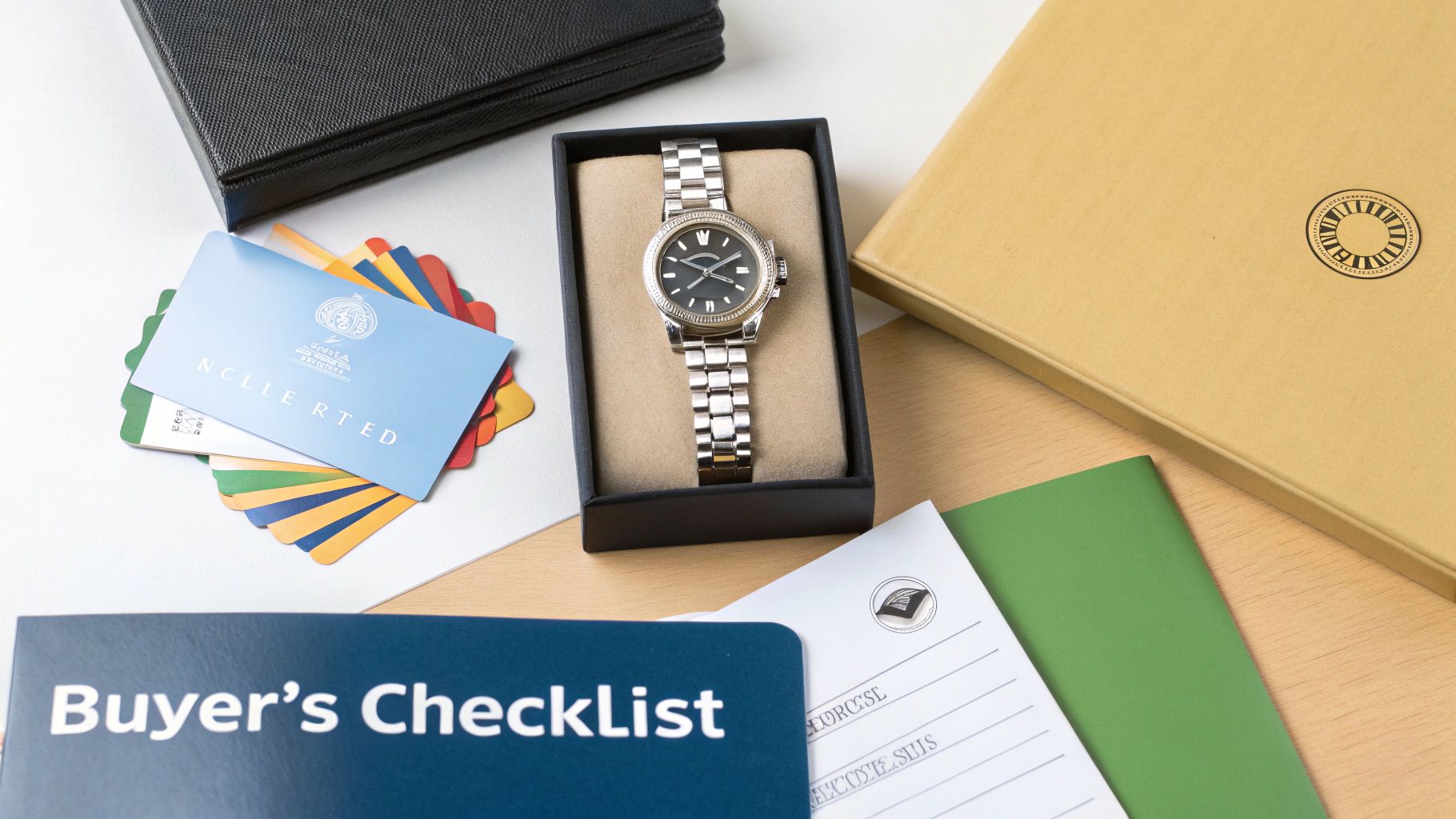 A silver luxury watch in a black box, surrounded by a buyer's checklist and various documents on a table.