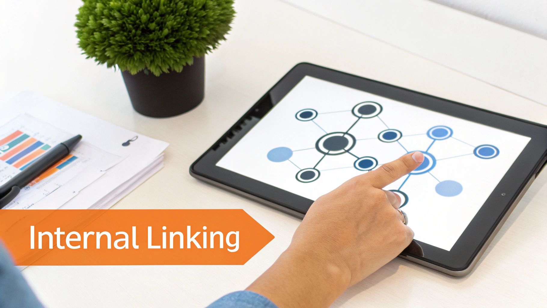 A hand touching a tablet displaying a network diagram, with 'Internal Linking' text on an orange banner.
