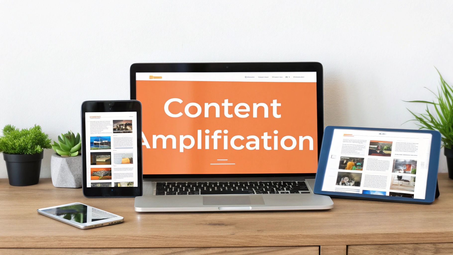 A laptop, two tablets, and a smartphone on a wooden desk displaying digital content and "Content Amplification."