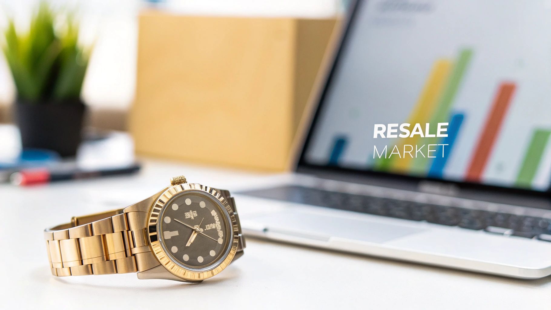 A gold wristwatch sits on a desk next to a laptop displaying 'RESALE MARKET' text and a graph.