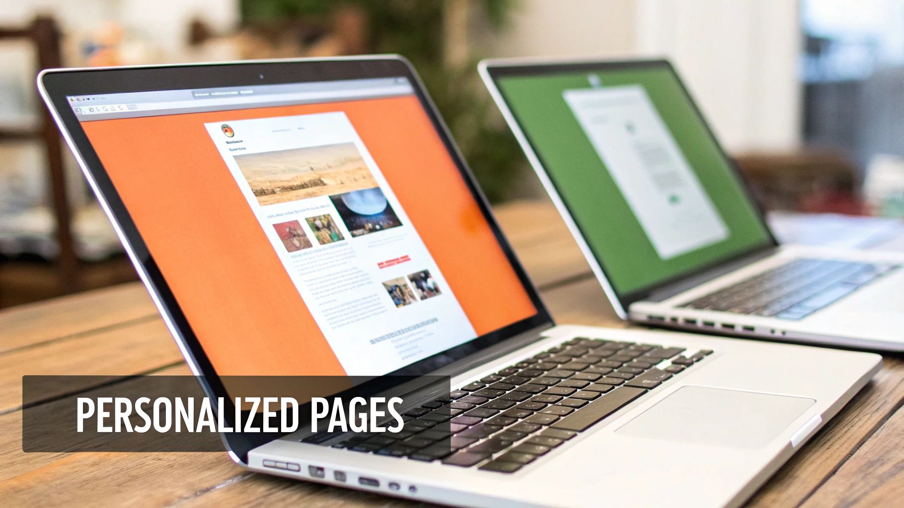 Two laptops showcase personalized web pages, demonstrating data-driven marketing examples on a wooden table.