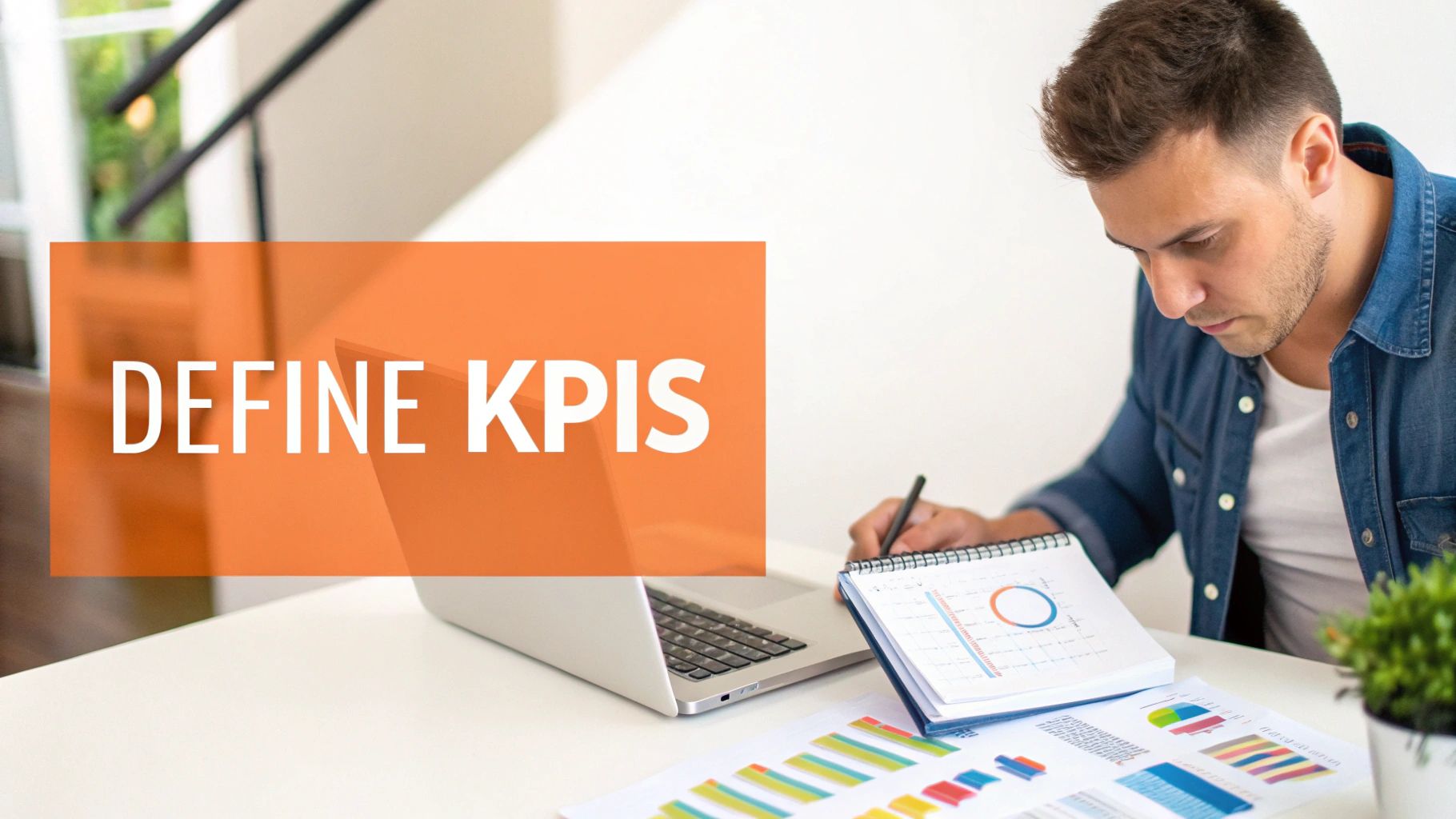 A man analyzing charts and writing notes, with a laptop and 'DEFINE KPIS' overlay.