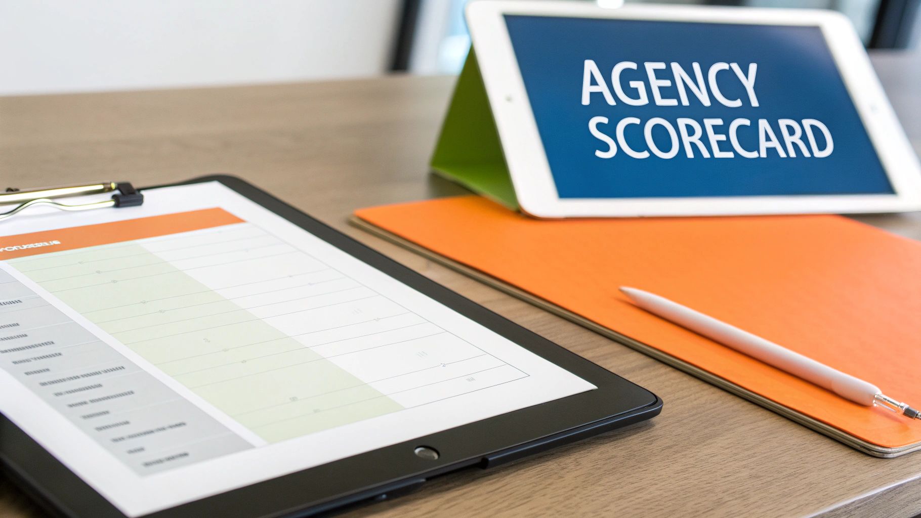 A desk setup featuring a tablet displaying 'Agency Scorecard', a clipboard with a document, and a stylus.