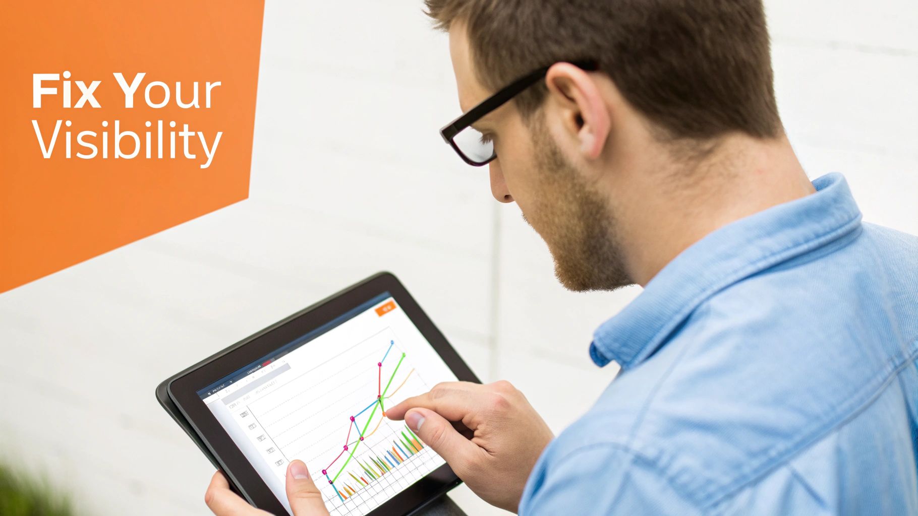 A man wearing glasses analyzes colorful data charts on a tablet, with text 'Fix Your Visibility'.