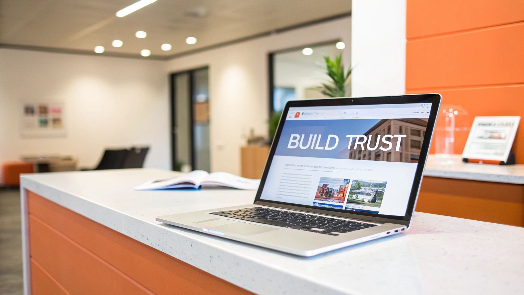A modern laptop on a white countertop displaying a website with 'BUILD TRUST' on its screen.
