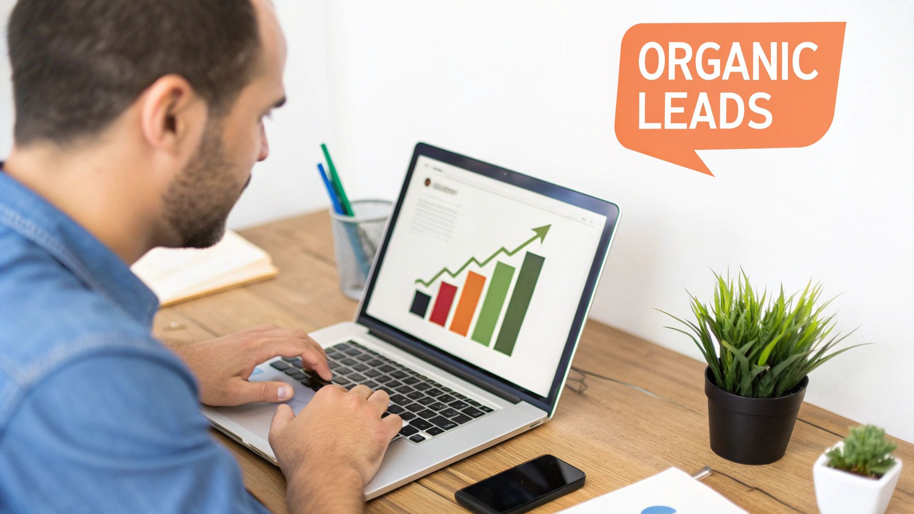 Man typing on laptop displaying a growth graph, with 'ORGANIC LEADS' speech bubble.