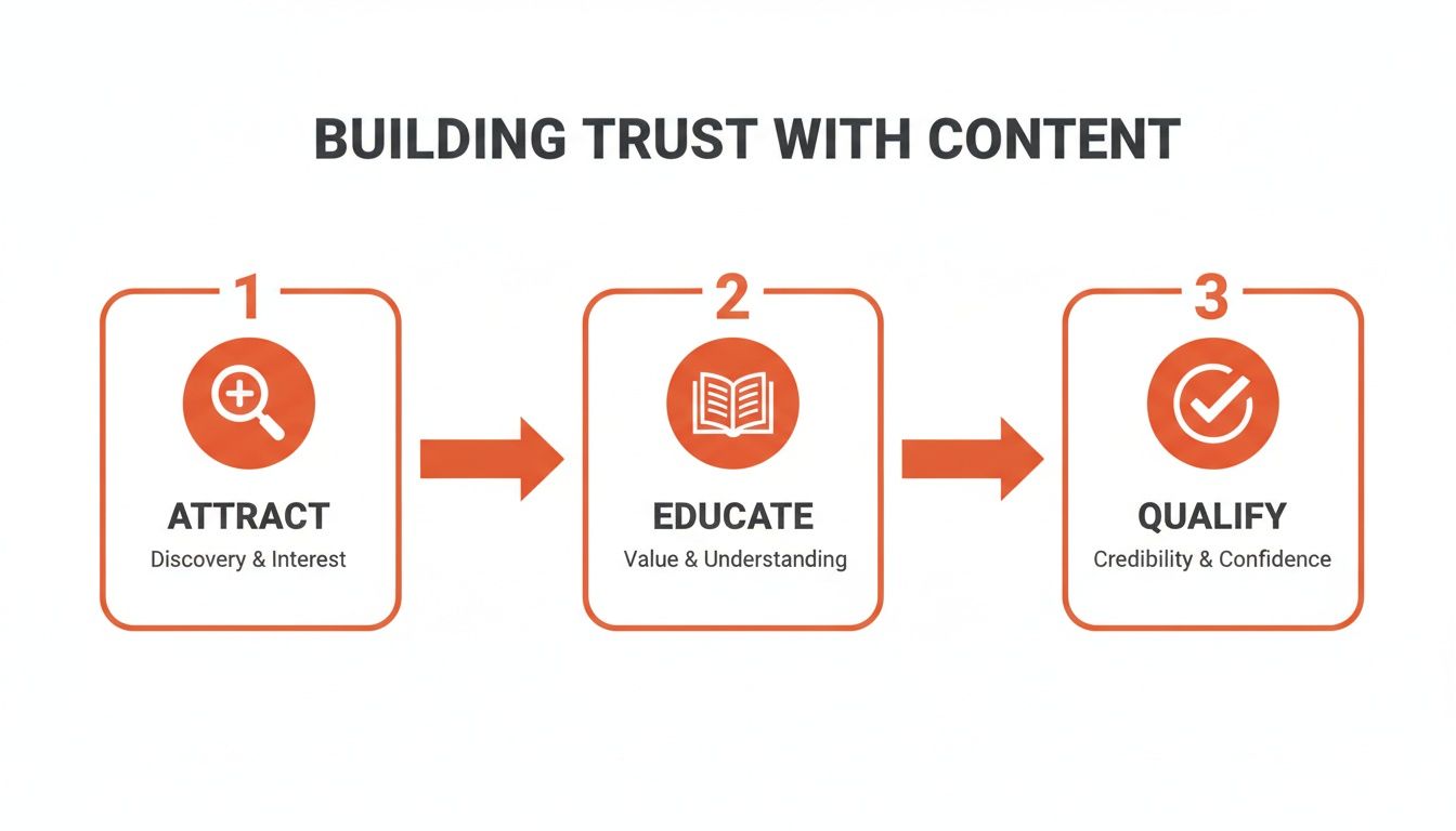 A content marketing diagram illustrating a 3-step process to build trust: Attract, Educate, Qualify.