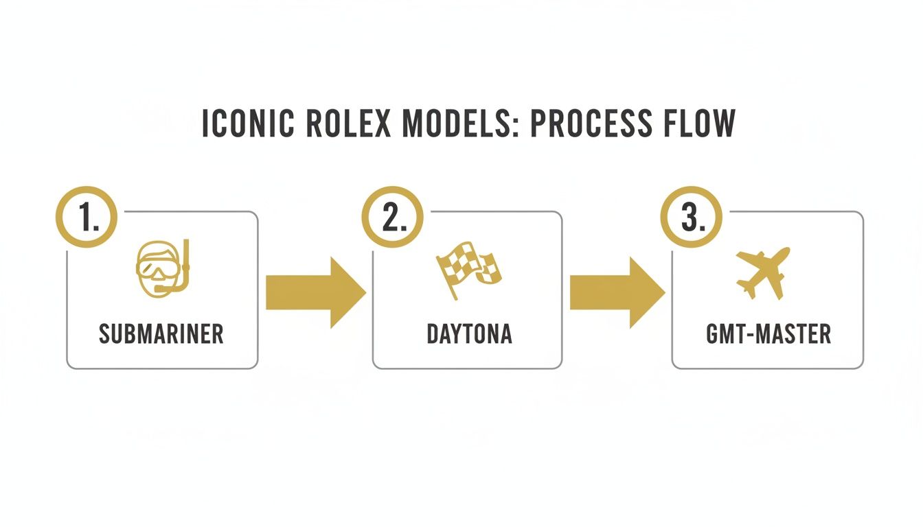 A process flow diagram showcasing three iconic Rolex watch models: Submariner, Daytona, and GMT-Master.