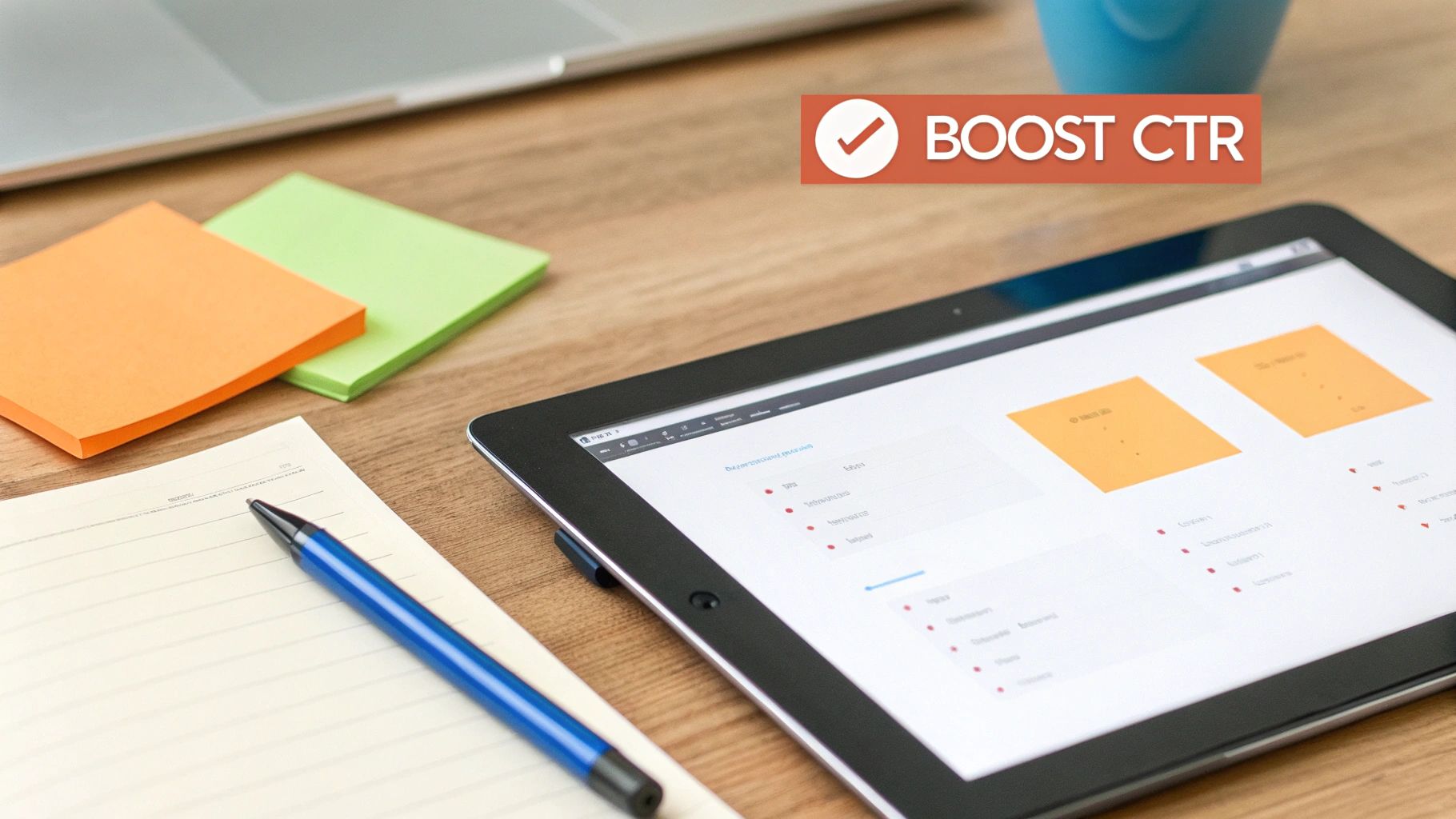 A desk with a tablet showing data, sticky notes, a pen, and a 'BOOST CTR' graphic.
