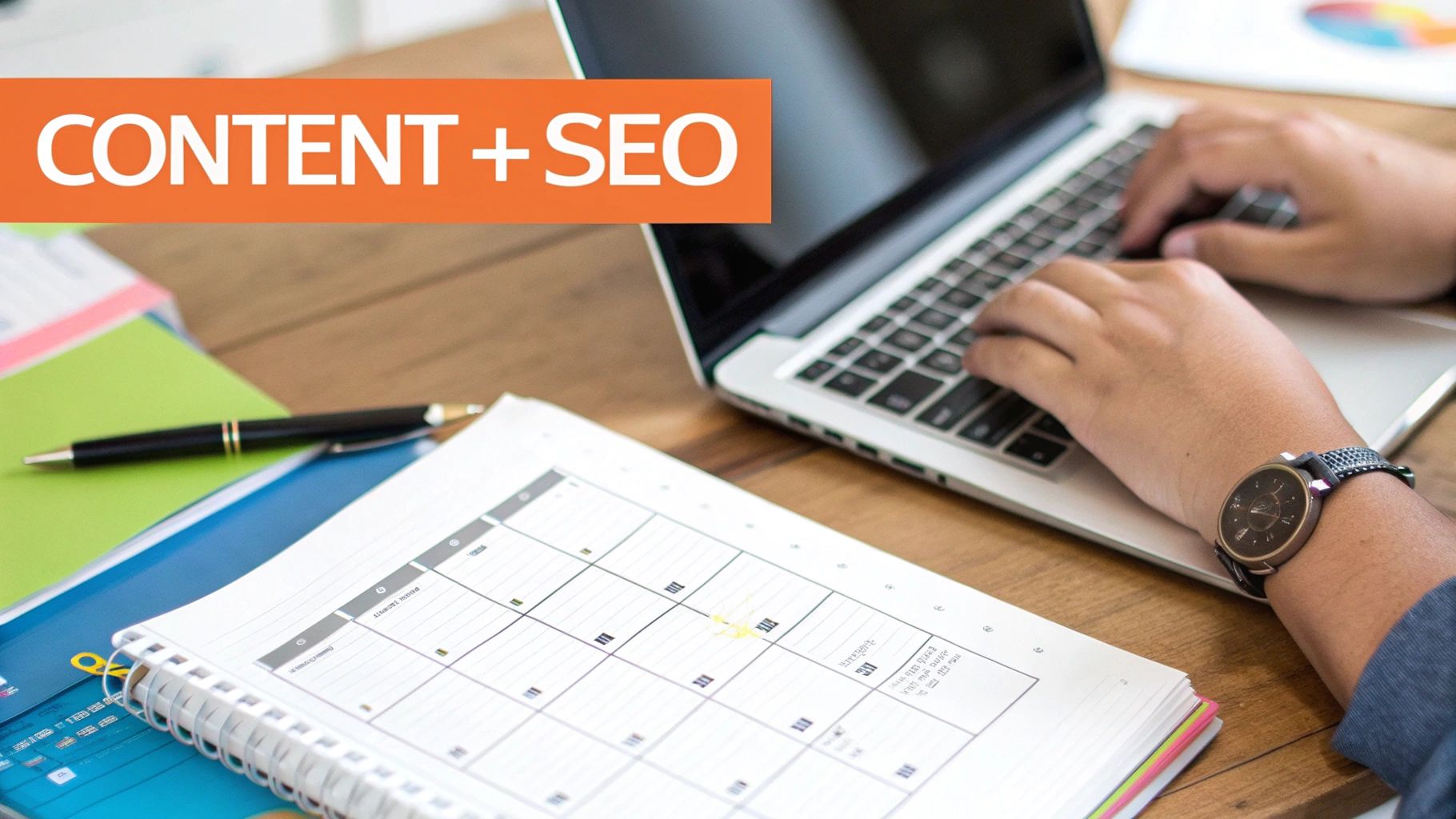 A person types on a laptop at a desk with a planner, working on content and SEO.