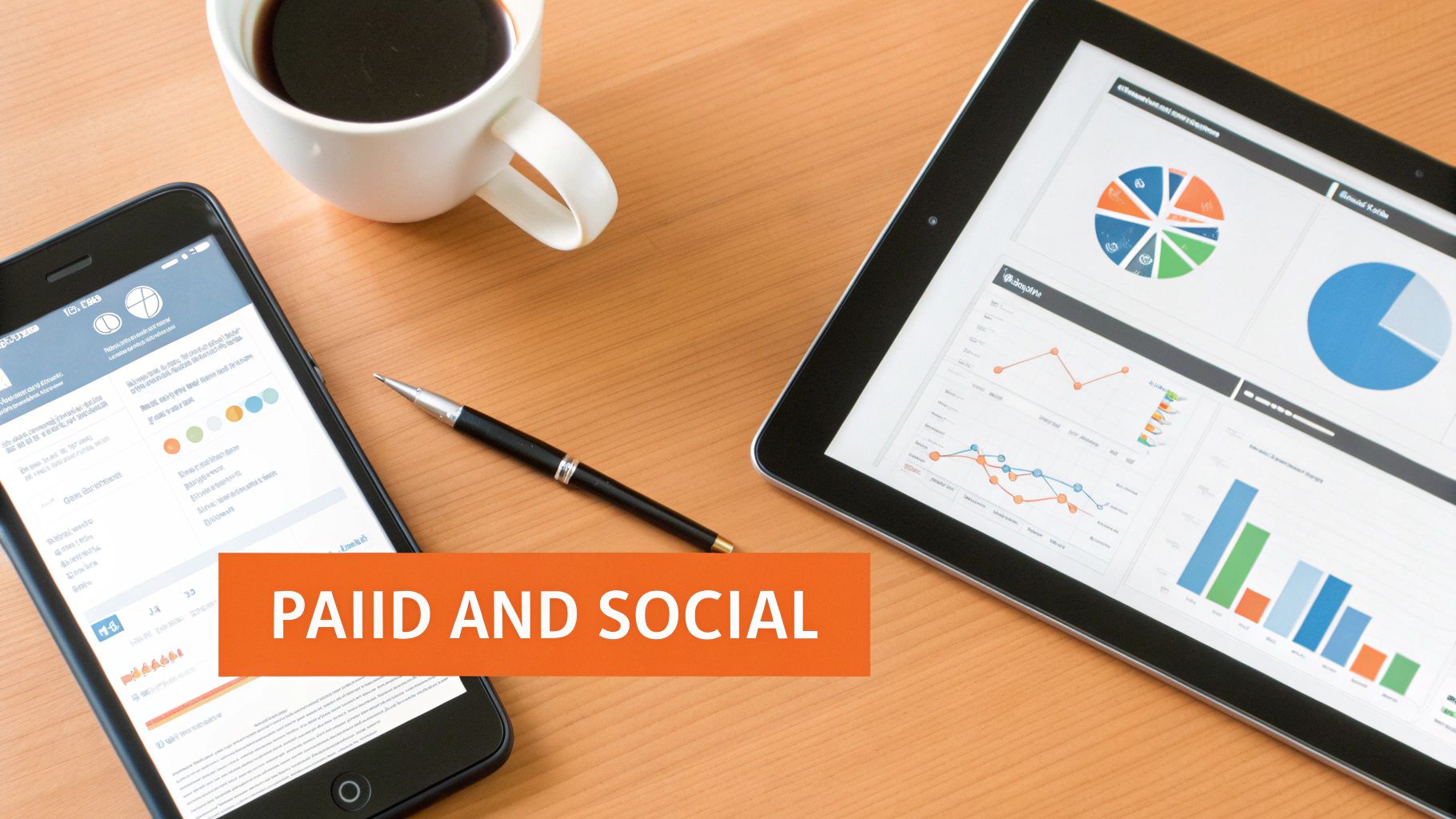 Digital marketing analytics dashboard on smartphone and tablet, with charts, coffee, and pen, and 'PAIID AND SOCIAL' text.