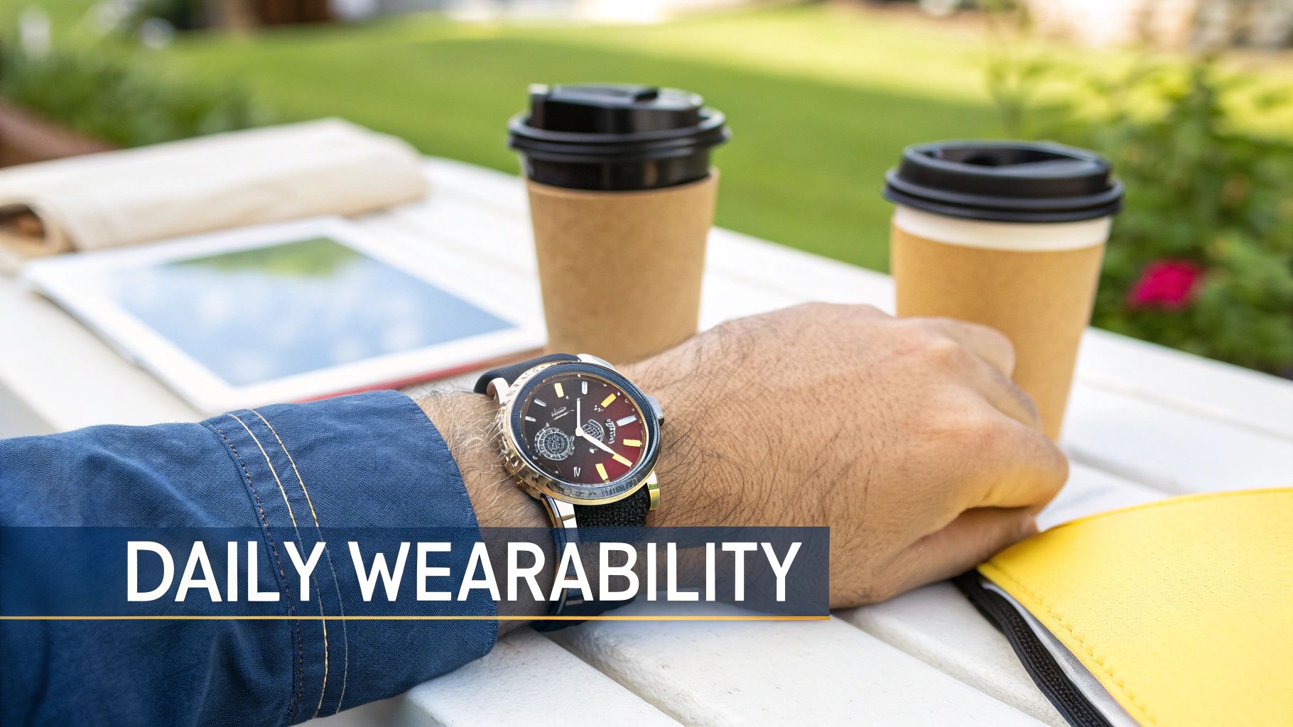 A person's arm wearing a stylish watch, with coffee cups and a tablet on an outdoor table.