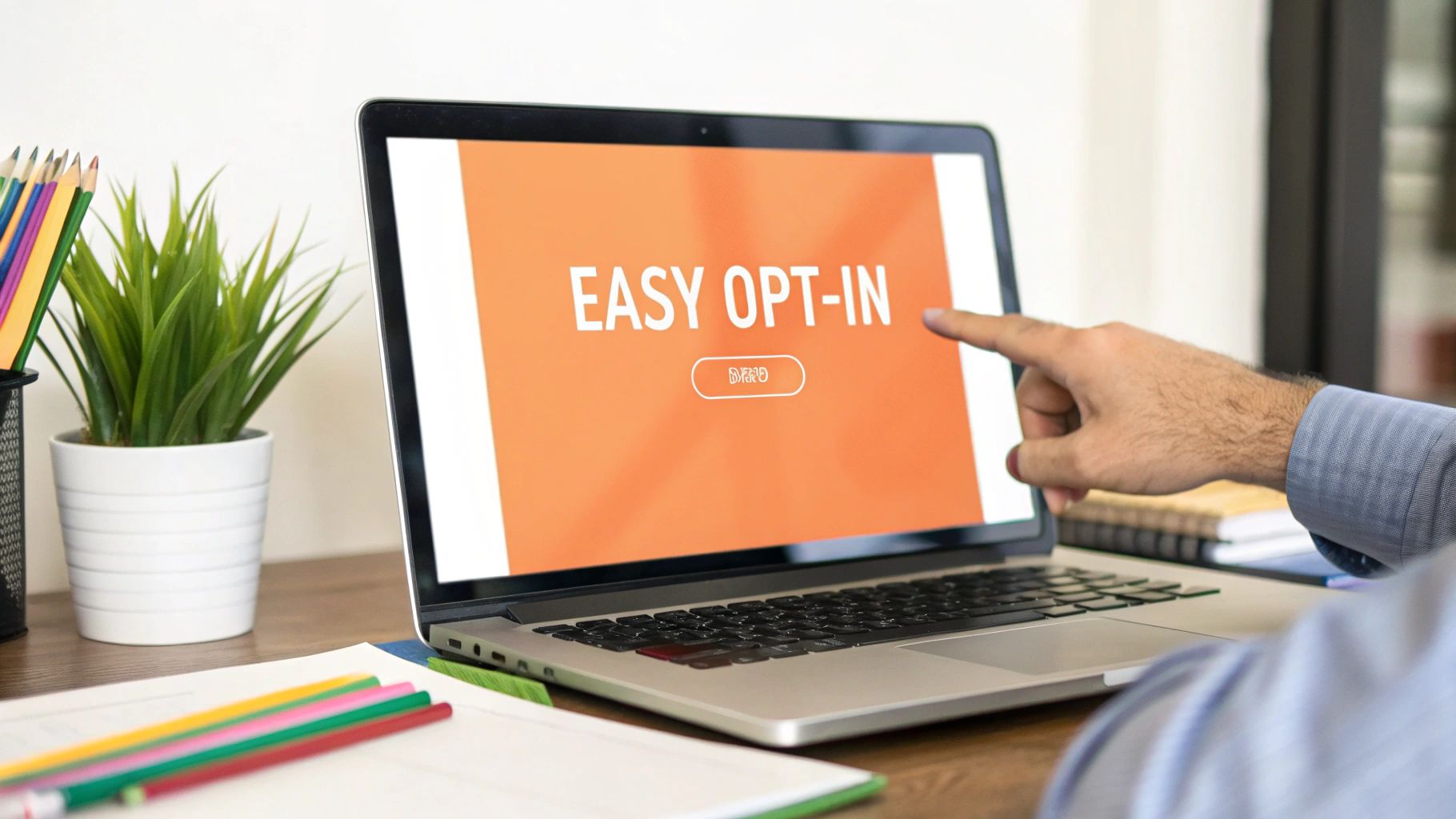 A person's hand pointing at a laptop screen displaying "EASY OPT-IN" text on an orange background.