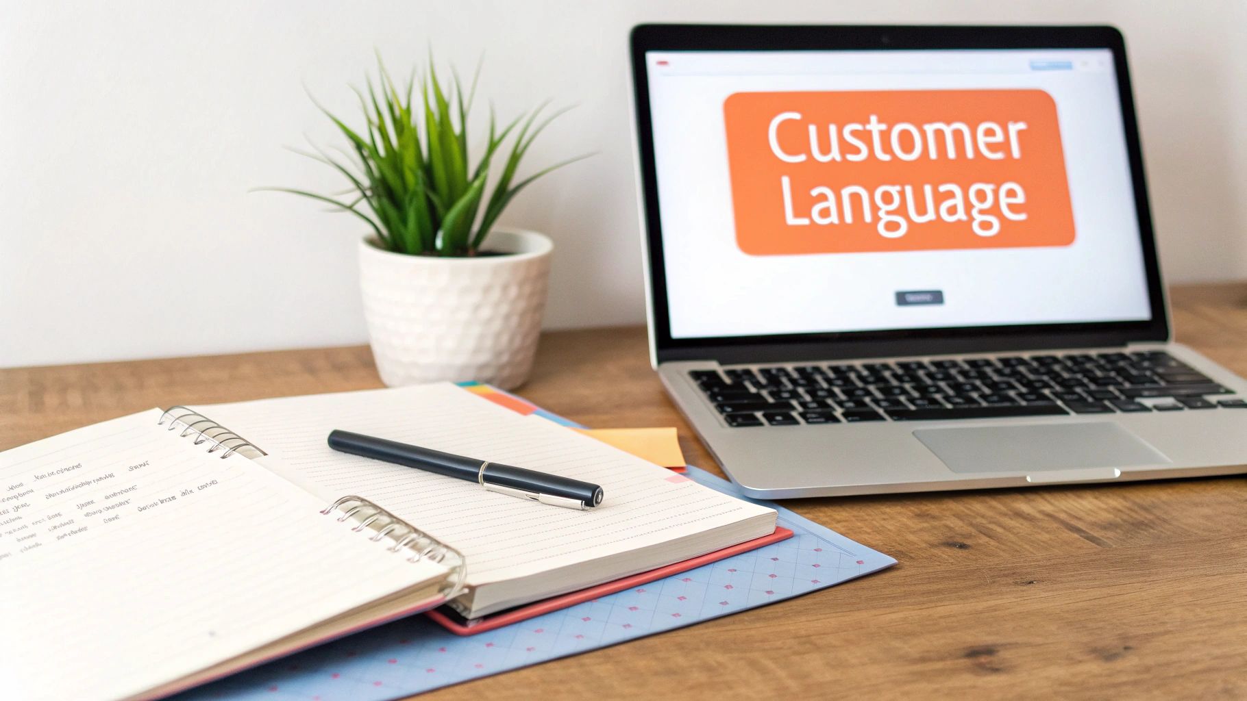 Desk with a laptop displaying 'Customer Language', an open notebook, and a pen for business communication.