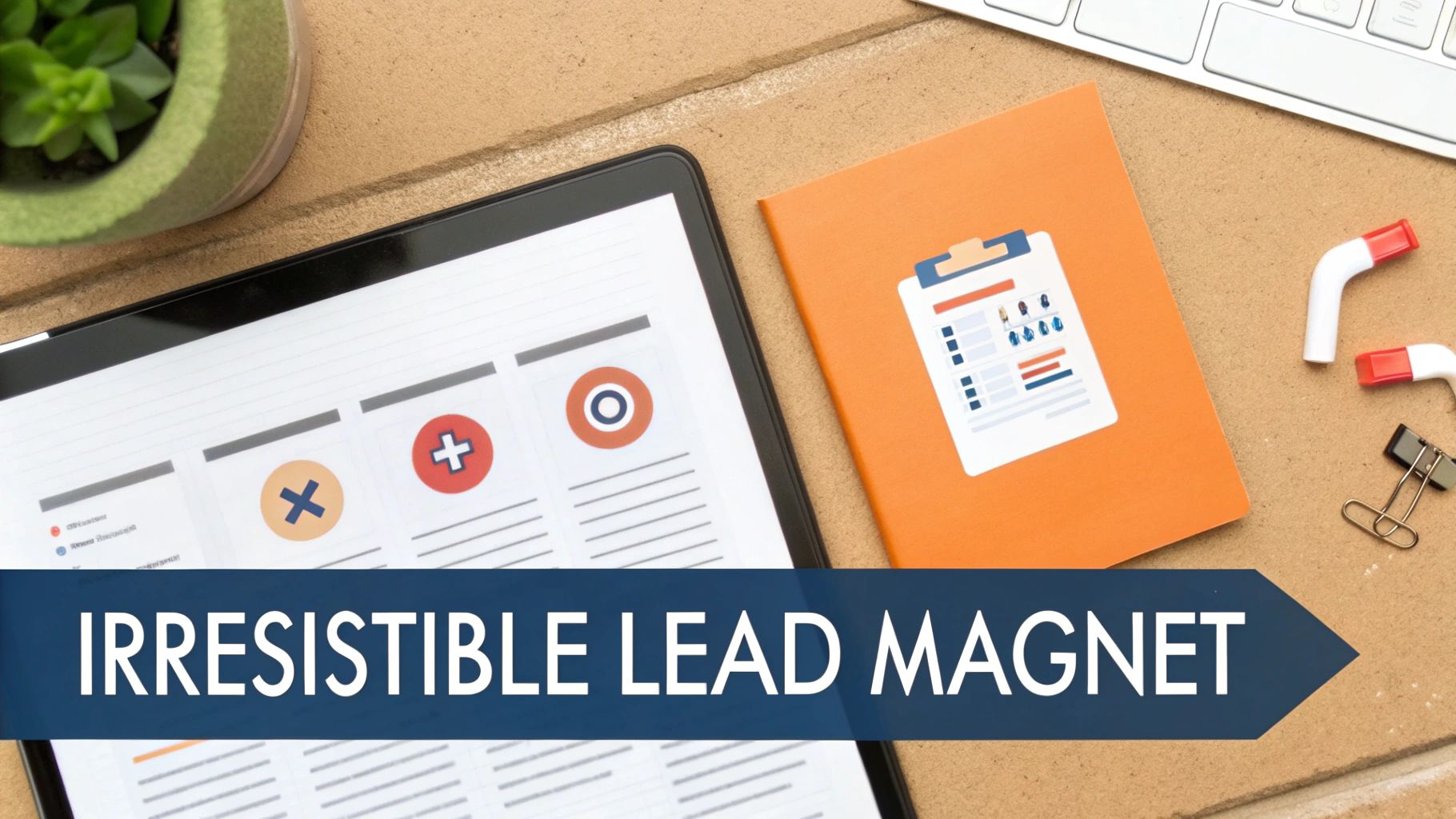 A flat lay of a workspace with a tablet showing charts, an orange notebook, and a banner reading 'Irresistible Lead Magnet'.