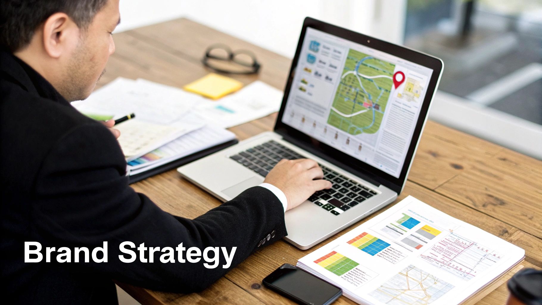 A man plans a brand strategy, working on a laptop displaying a map and analyzing documents.