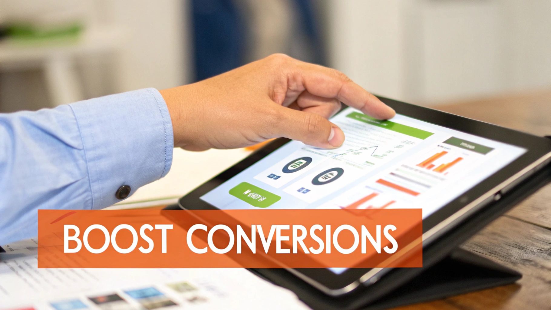 A hand in a blue shirt interacts with a tablet displaying charts and graphs, promoting 'BOOST CONVERSIONS'.