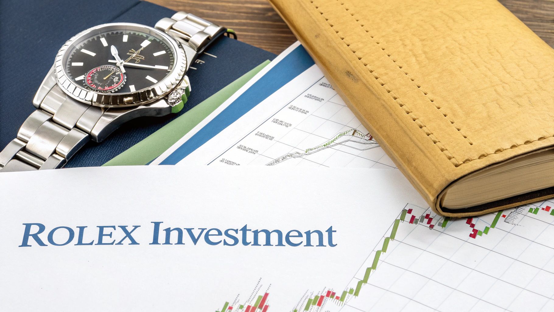A luxury Rolex watch rests on financial documents displaying investment charts and a brown book.