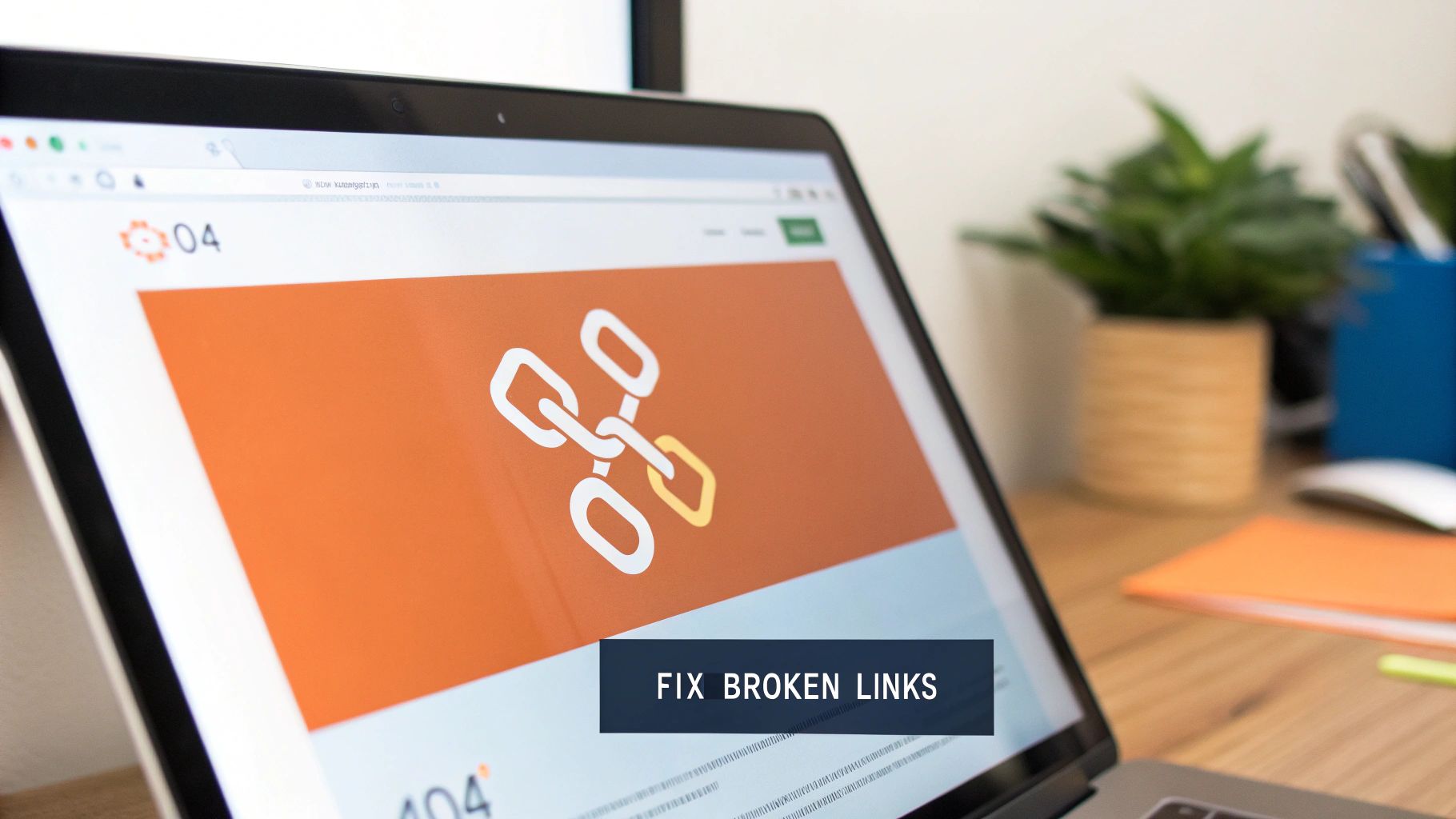 Laptop screen showing a 404 error page with a broken chain link icon and 'FIX BROKEN LINKS'.