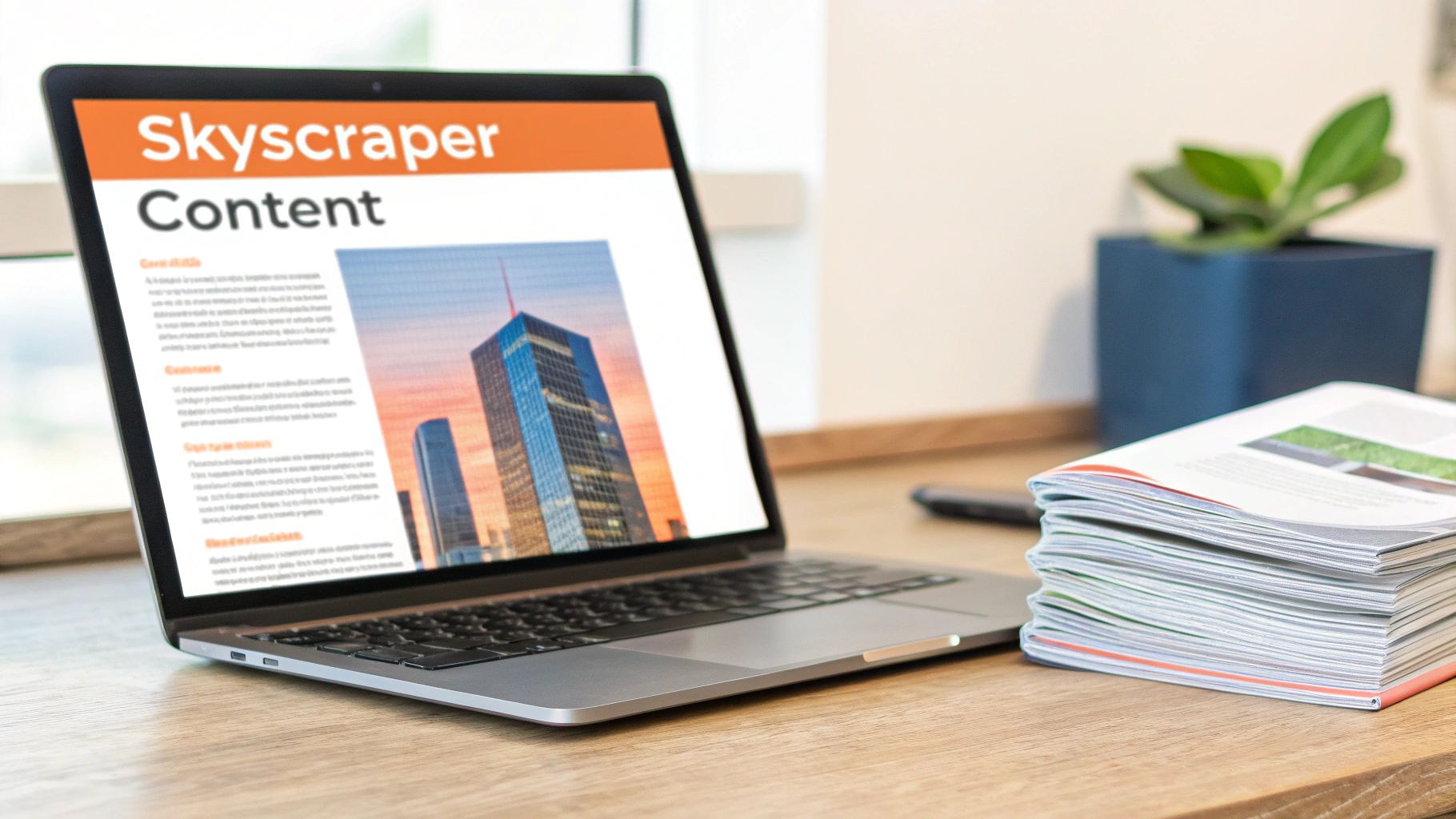 A laptop on a wooden desk displays an article titled 'Skyscraper Content', with a stack of magazines nearby.