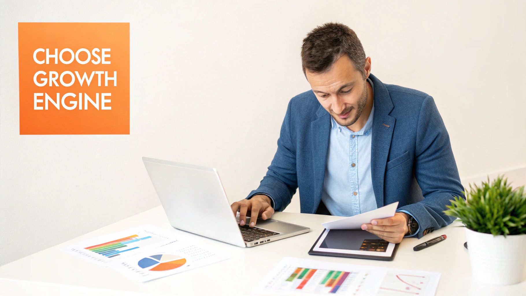 A businessman works on a laptop, analyzing data and charts, with 'CHOOSE GROWTH ENGINE' on the wall.
