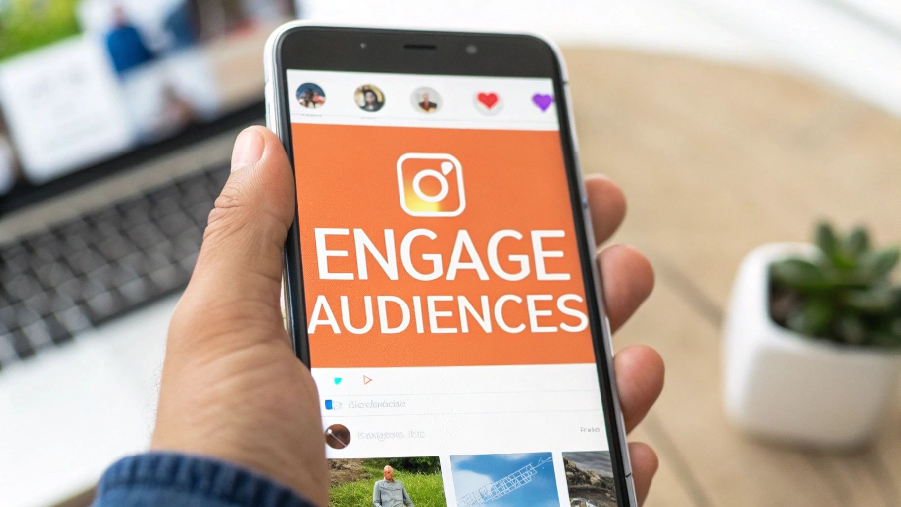A hand holds a smartphone displaying the Instagram app with 'Engage Audiences' on the screen, promoting social media engagement.