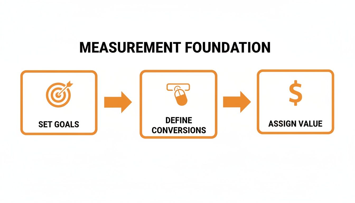 Measurement Foundation steps: Set Goals, Define Conversions, and Assign Value for effective tracking.