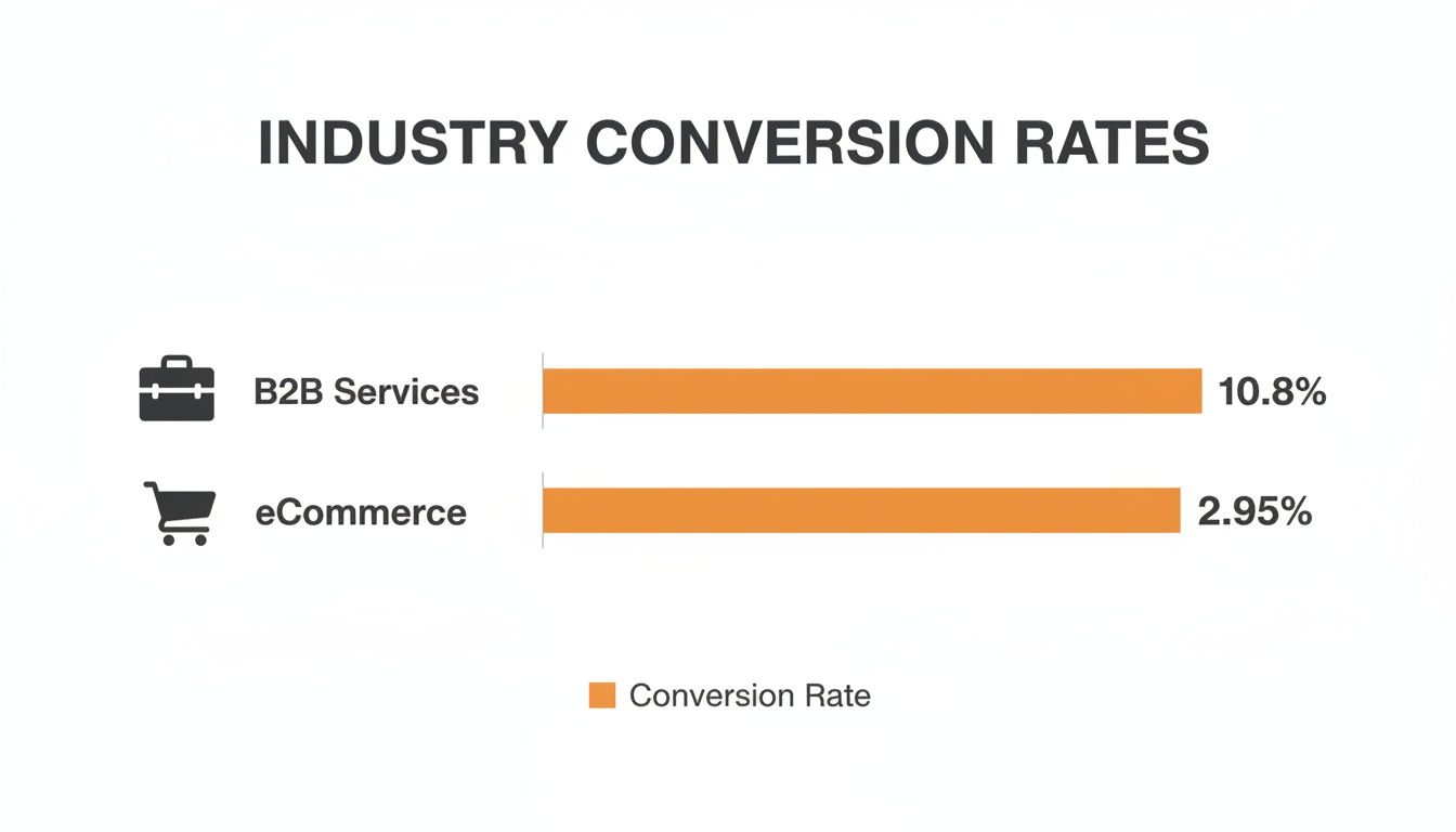 A bar chart illustrating industry conversion rates, showing B2B Services at 10.8% and eCommerce at 2.95%.