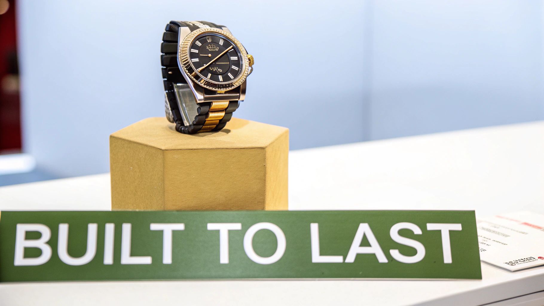 A luxurious black and gold watch on a display stand, with a green sign saying "BUILT TO LAST".