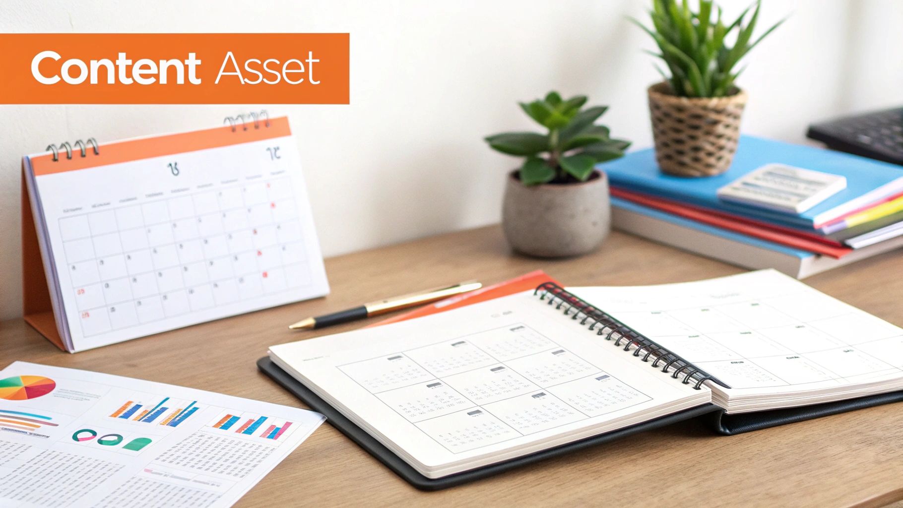An organized desk with calendars, data reports, and plants, featuring a 'Content Asset' banner.