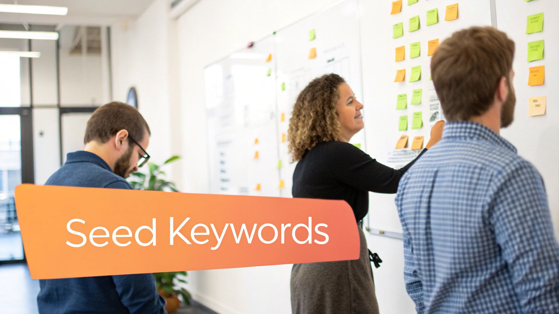 Three colleagues brainstorming seed keywords on a whiteboard with sticky notes in an office.