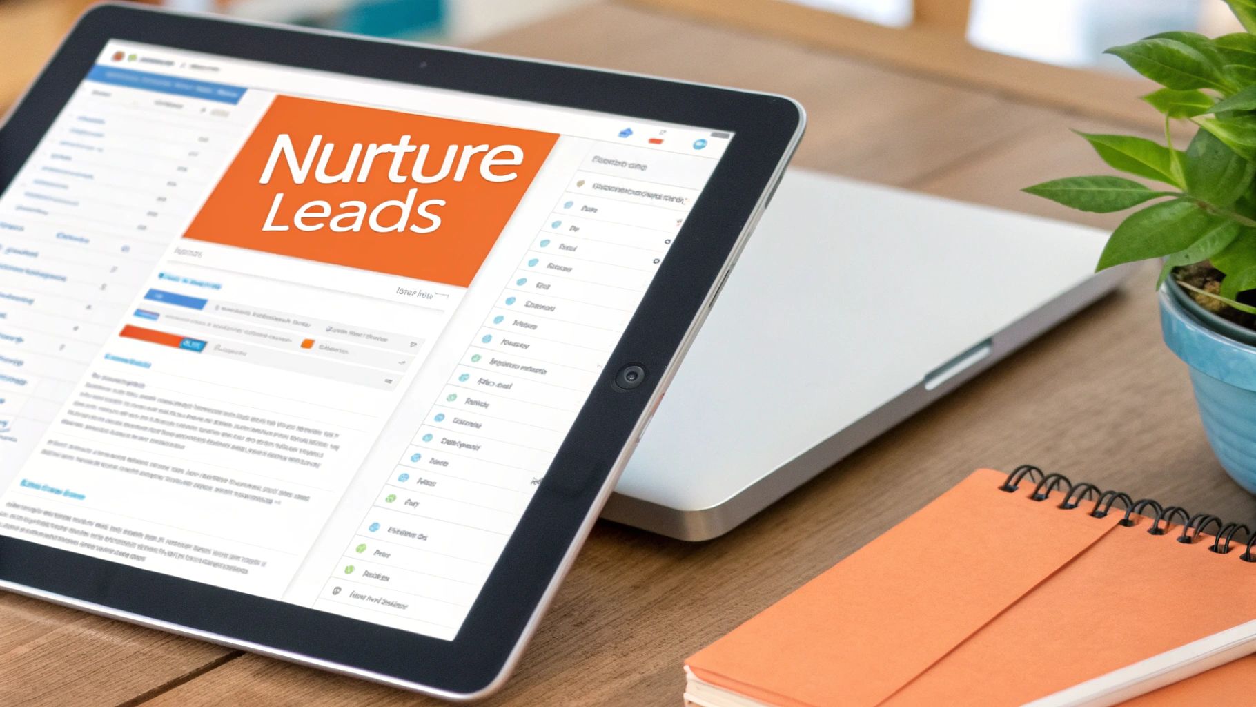 A tablet on a wooden desk displays 'Nurture Leads' on its screen, next to a laptop and a plant.