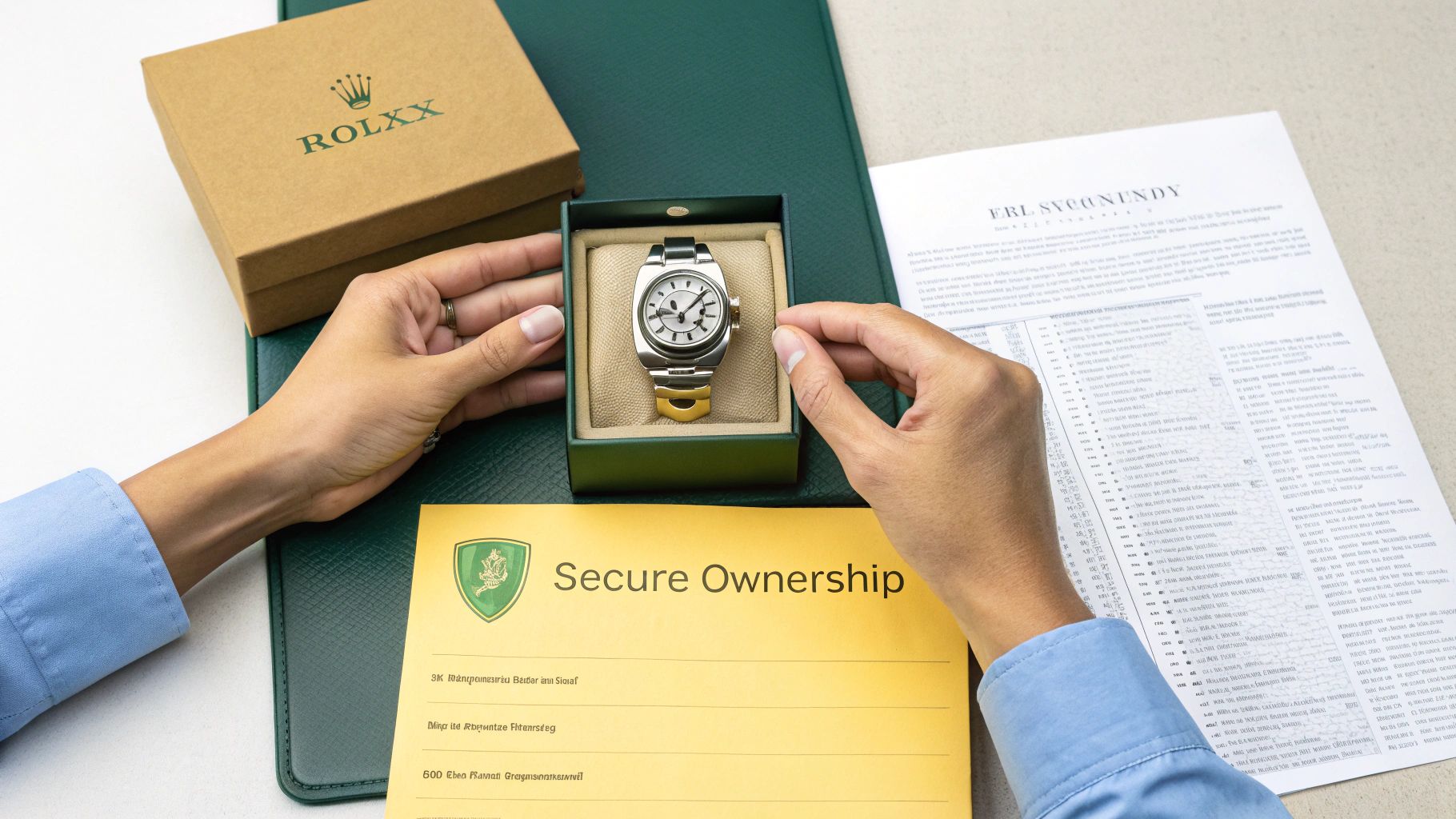 Hands carefully presenting a Rolex watch in its original green box, surrounded by documents and another box.