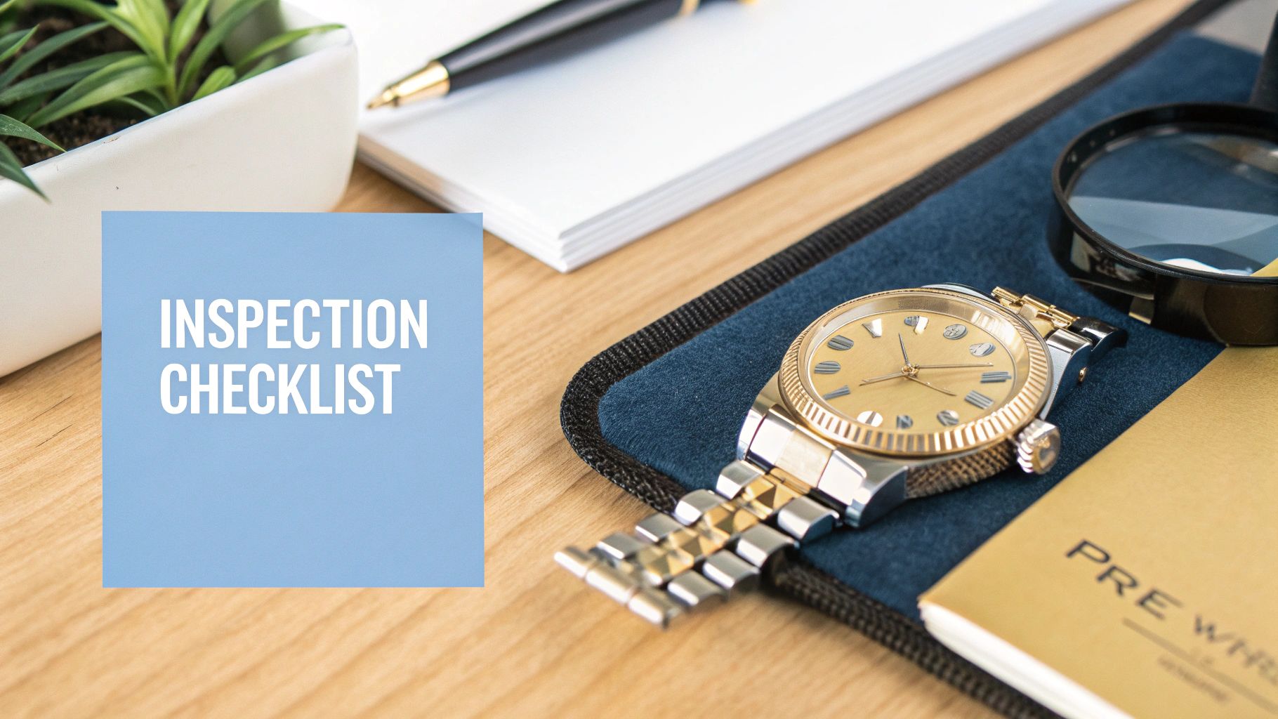 Flatlay of an inspection checklist card, a gold watch, magnifying glass, and office supplies on a wooden desk.