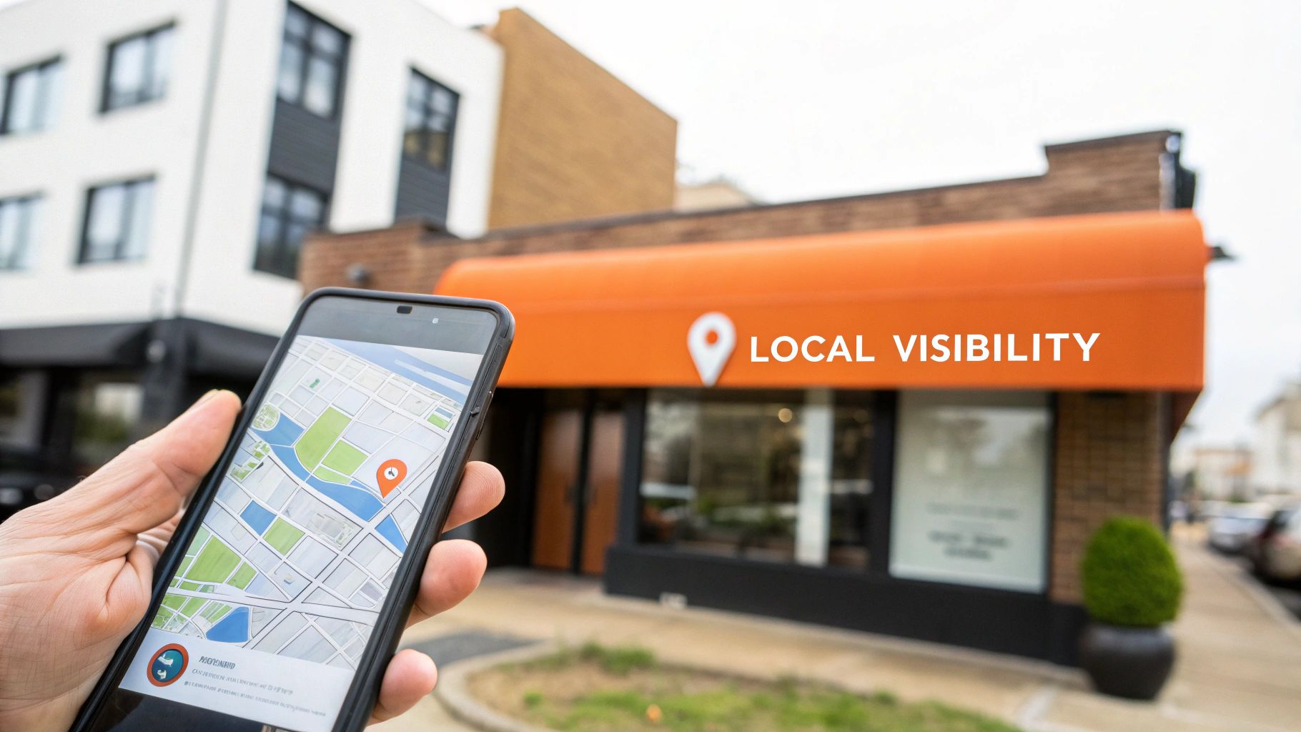 Hand holding a smartphone displaying a map app with a location pin, in front of a storefront with an orange awning that says "LOCAL VISIBILITY".