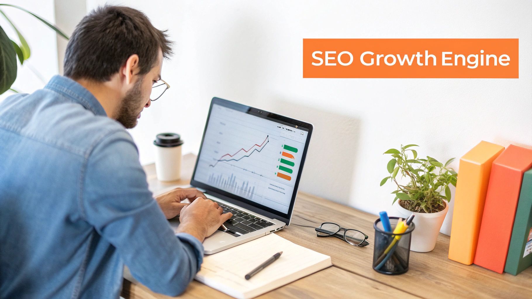 A man working on a laptop displaying SEO performance graphs on a desk with a coffee, glasses, and plants.