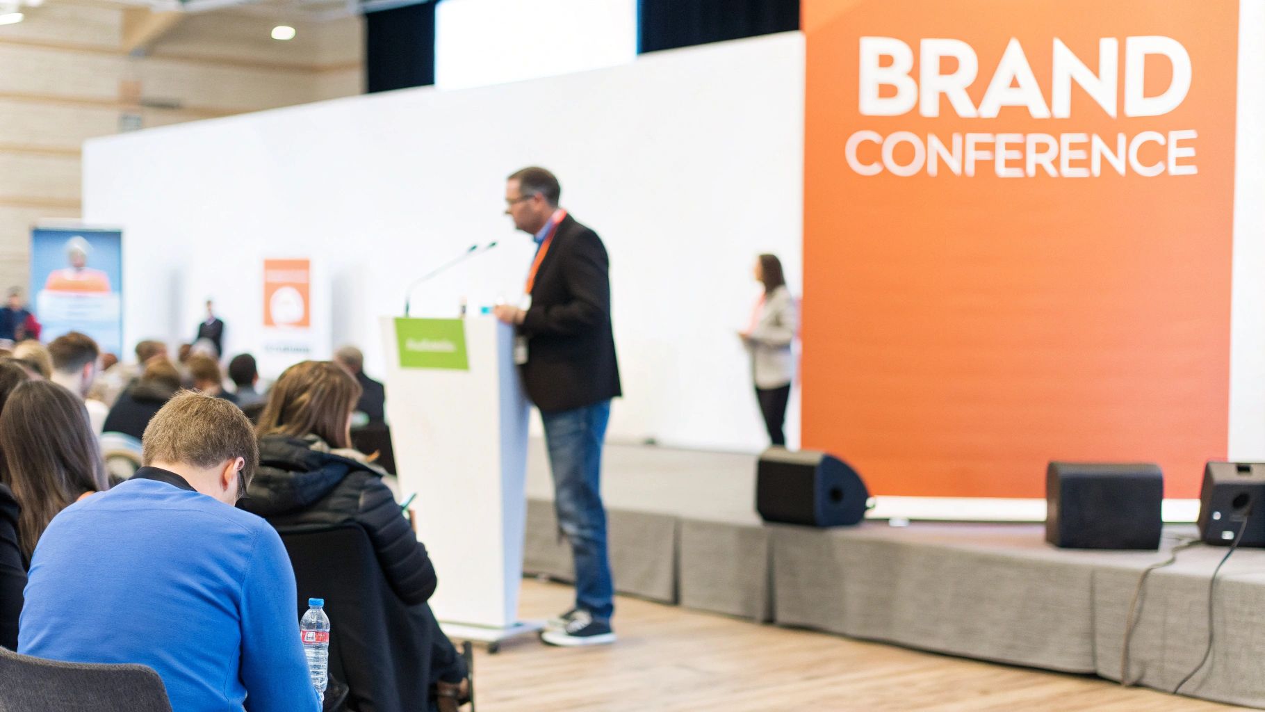 Attendees at a brand conference listen to a speaker presenting on stage with a large orange sign.