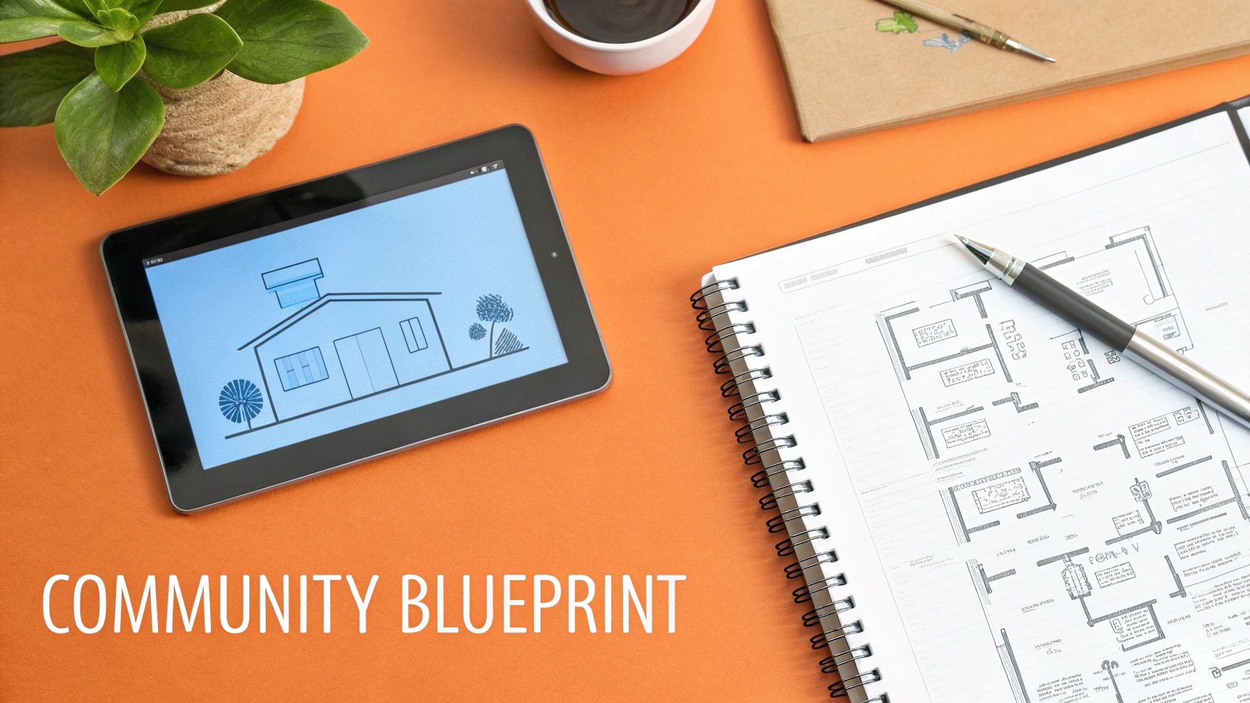 A tablet displays a house drawing next to a notebook with architectural floor plans and a pen on an orange desk.