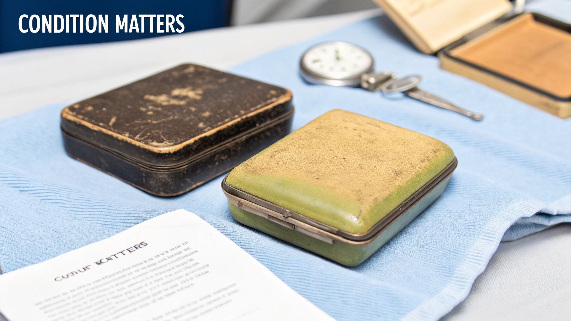 Close-up of vintage items: two worn boxes, a pocket watch, and a paper saying 'Condition Matters' on blue fabric.