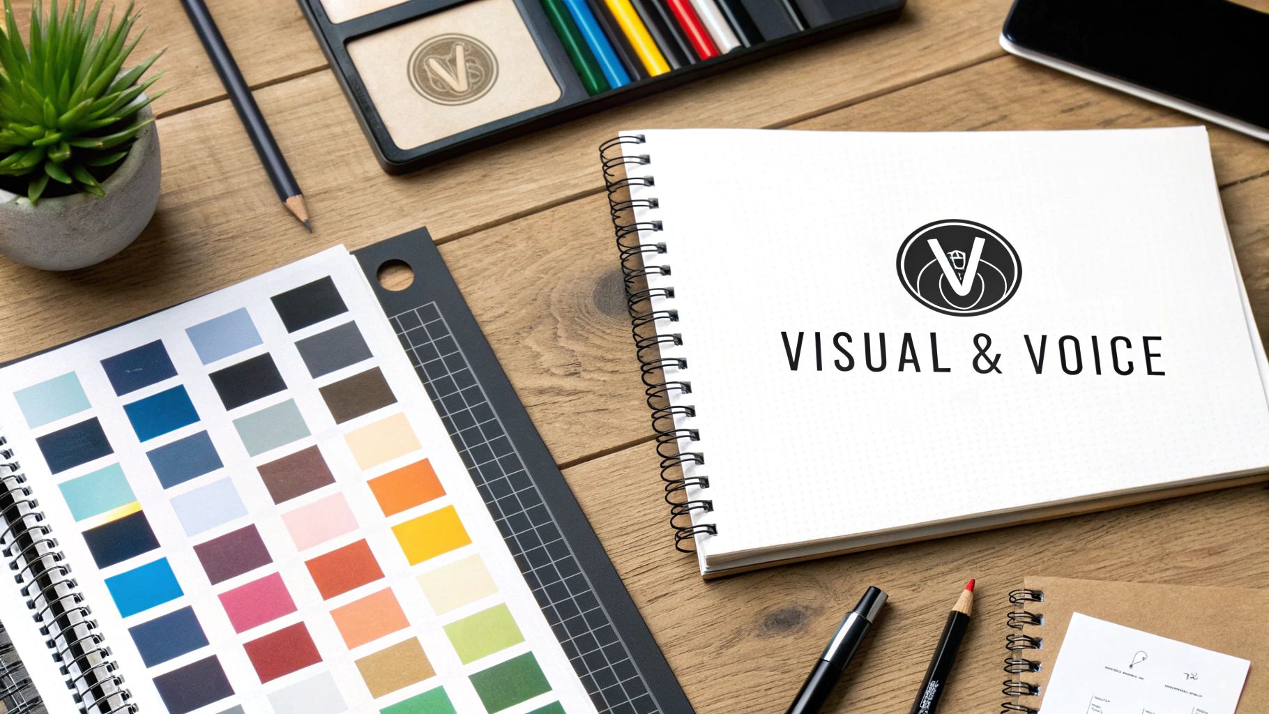 A flat lay of a graphic design workspace with a brand identity notebook, color swatches, and design tools.