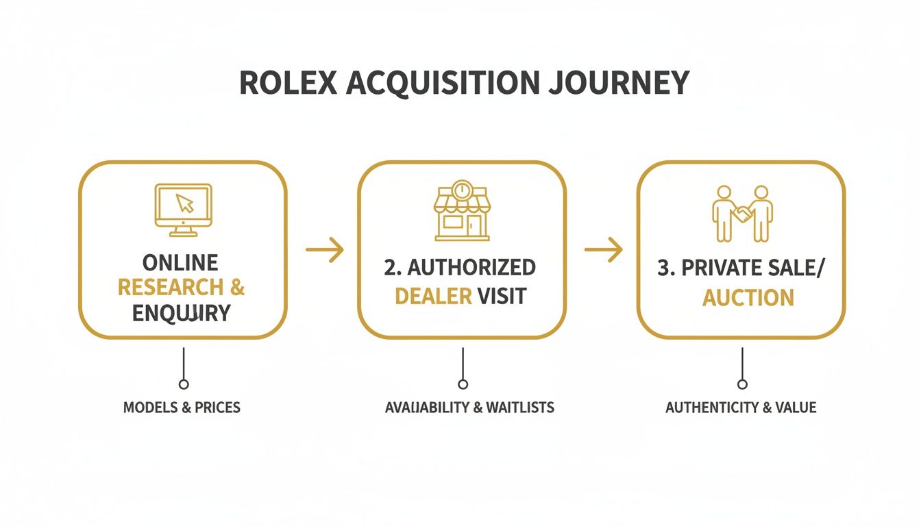 Flowchart illustrating the Rolex acquisition journey, detailing steps from online research to private sale or auction.
