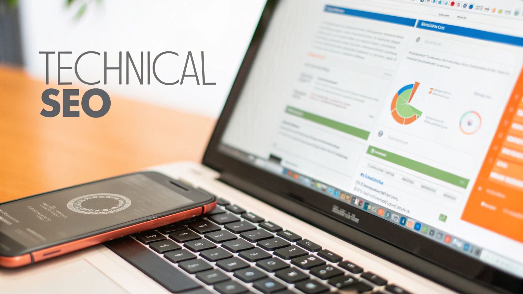 A laptop and smartphone on a desk with 'TECHNICAL SEO' text prominently displayed. The laptop screen shows analytics.