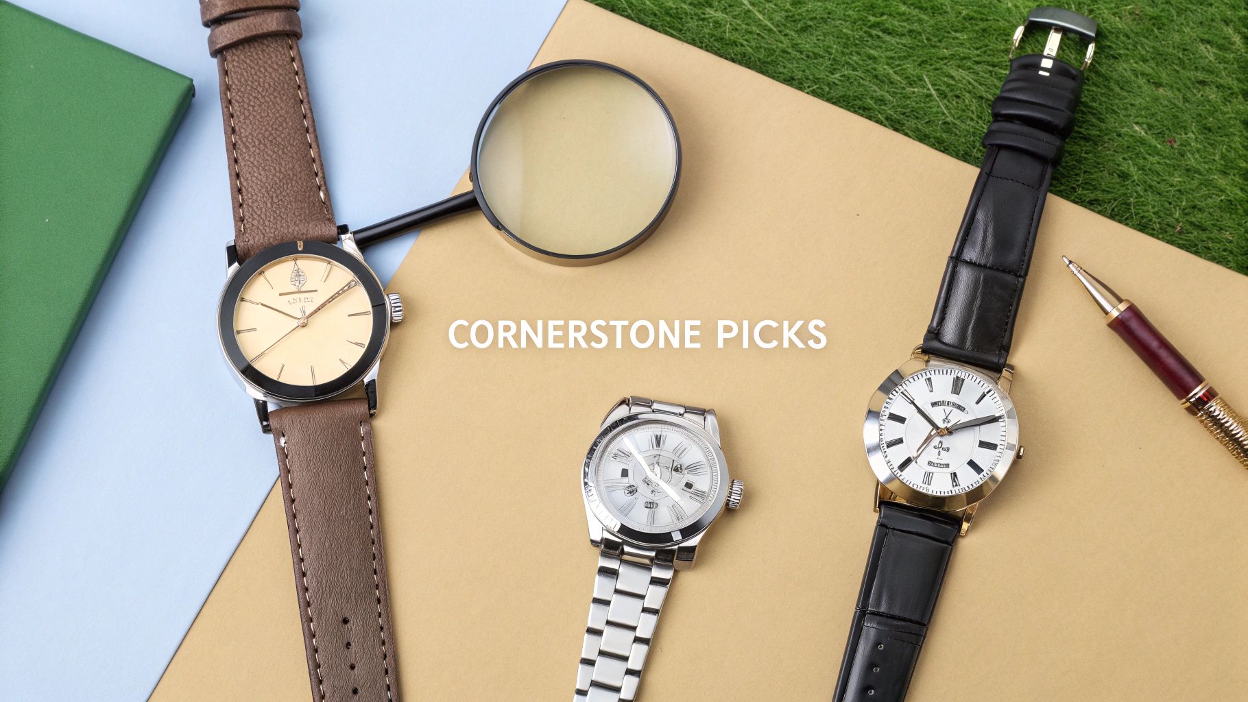 A flat lay of three luxury watches, a magnifying glass, and a pen on a multi-colored background.