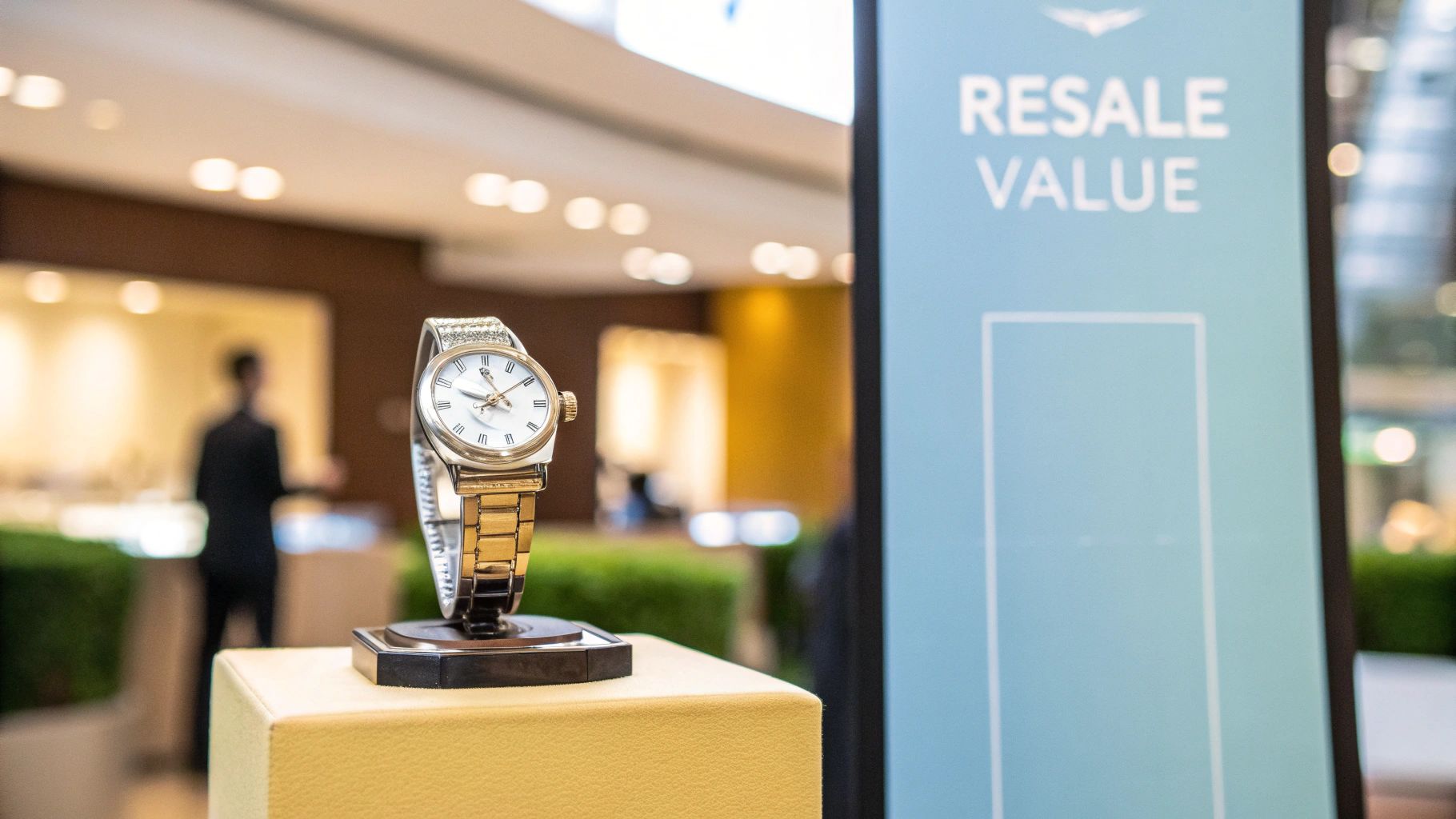 A luxurious two-tone watch with diamonds on display next to a 'RESALE VALUE' sign in a store.