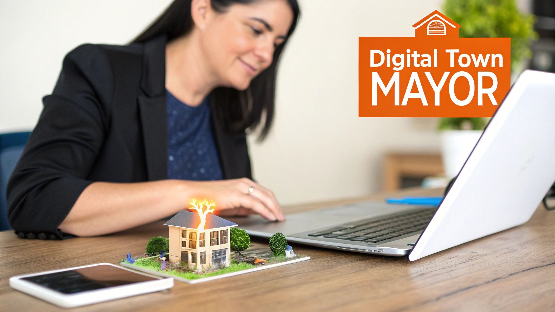 Woman on laptop next to a miniature town model and smartphone, with a 'Digital Town Mayor' logo.