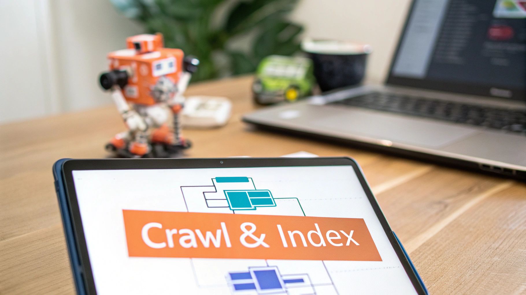 A tablet displays 'Crawl & Index' text and a flowchart on a wooden desk with a robot and laptop.