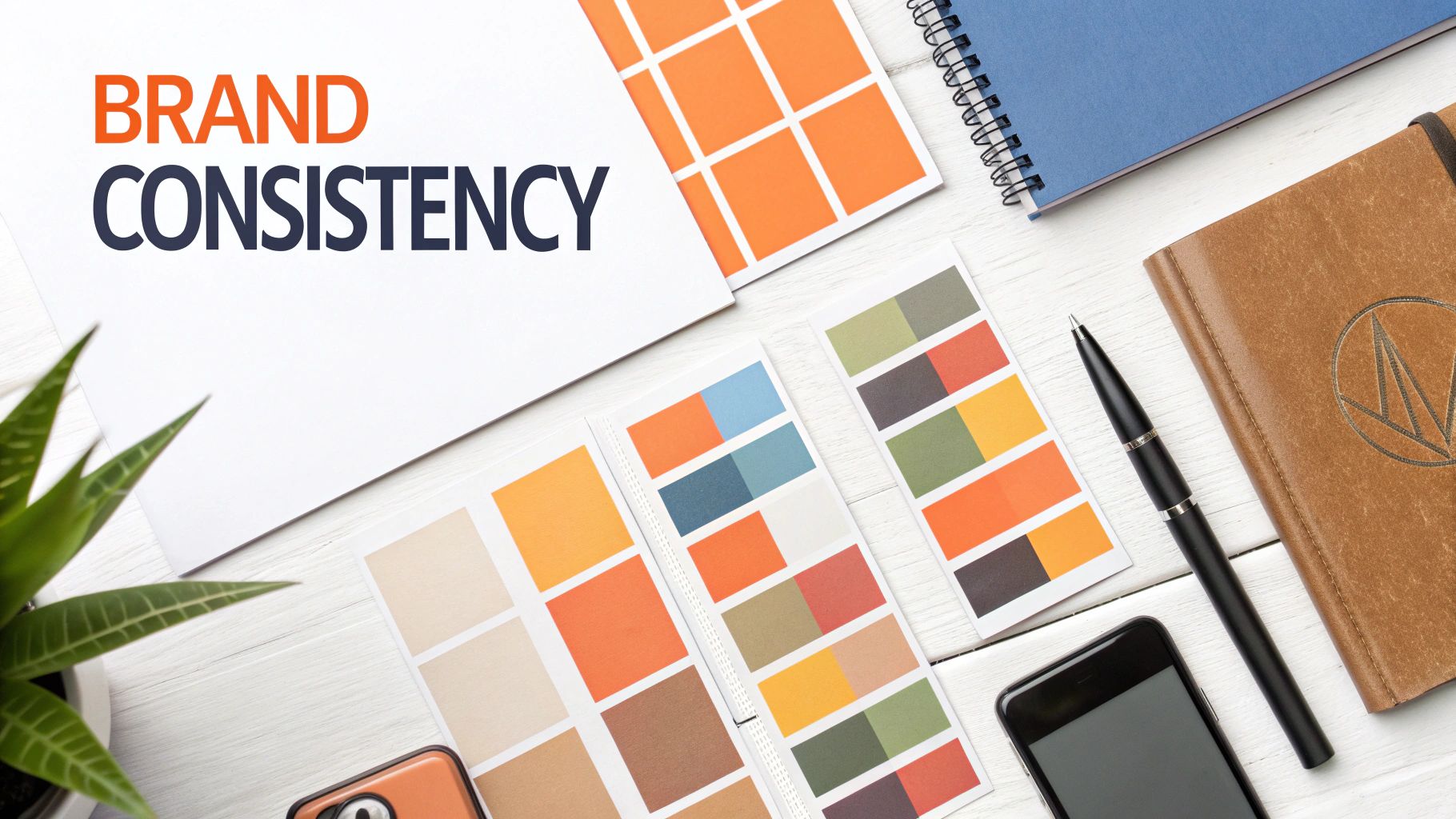 Overhead view of a creative workspace with 'BRAND CONSISTENCY' text, color palettes, notebooks, and a pen.